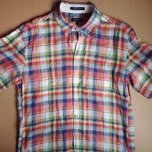 Gant Hampton Linen E-Z Fit Mens Short Sleeve Button plaid 100% linen shi…